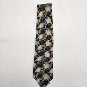 Zylos George Machado 100% Silk Neck Tie Black Beige Rose Design Tie